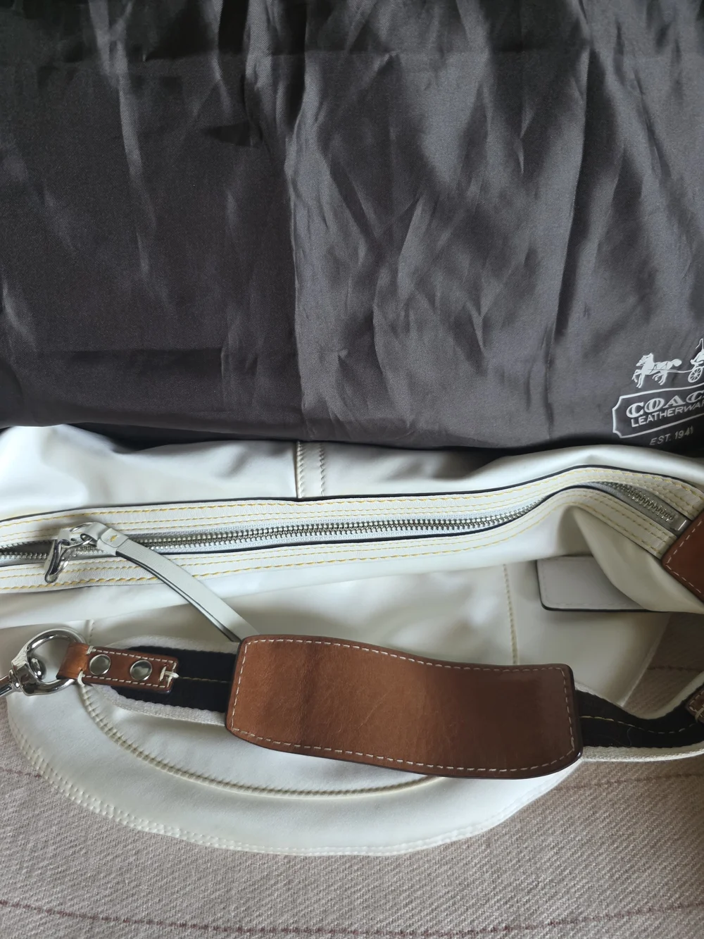 Coach Hampton Weekend White Satin Hobo with Yellow and Brown Strap Accents